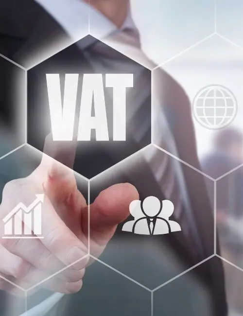 Businessman selecting VAT service icon – IRHA provides VAT registration, filing, and compliance services in Dubai, UAE.