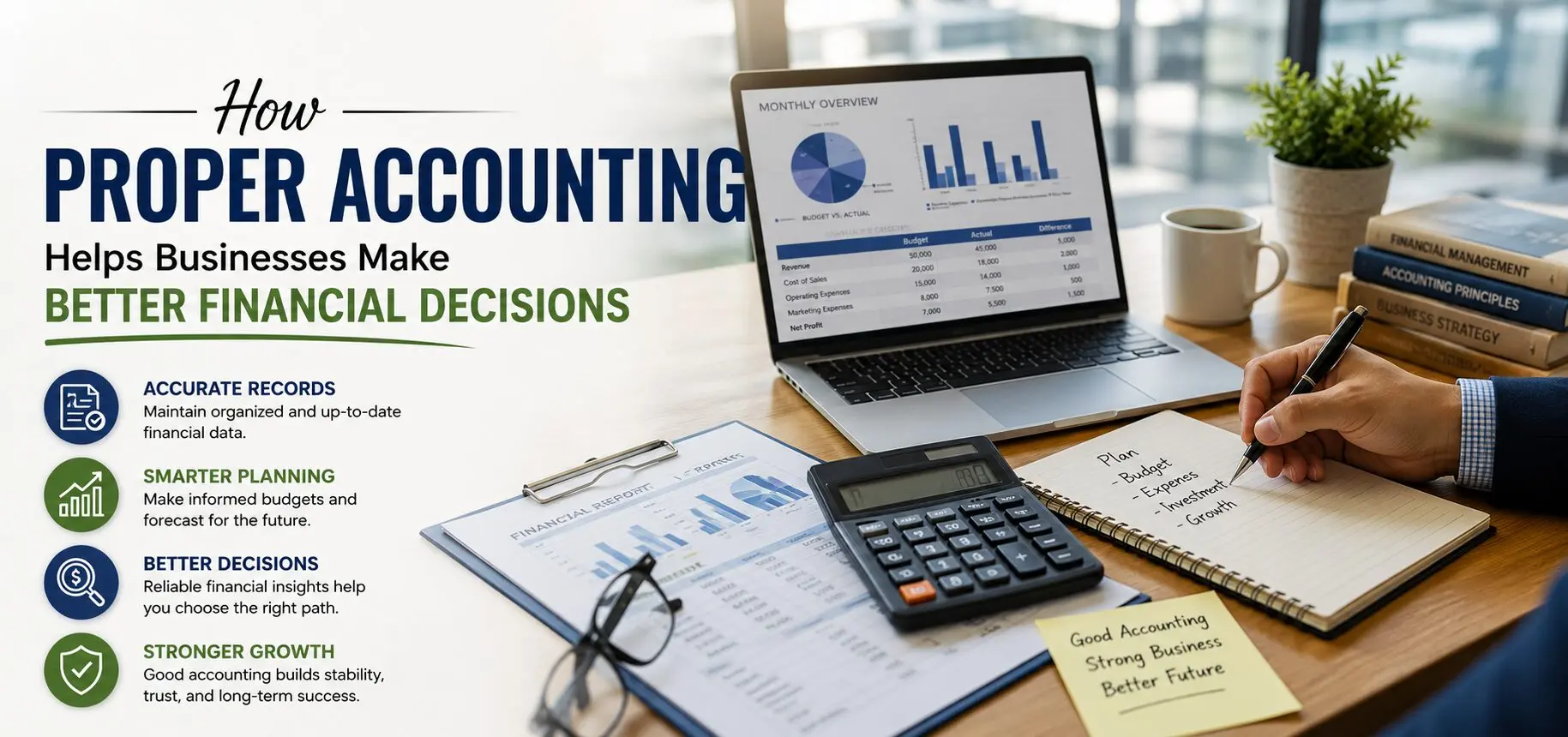 Business professional reviewing financial reports, accounting records, and performance charts to make informed financial decisions for business growth.