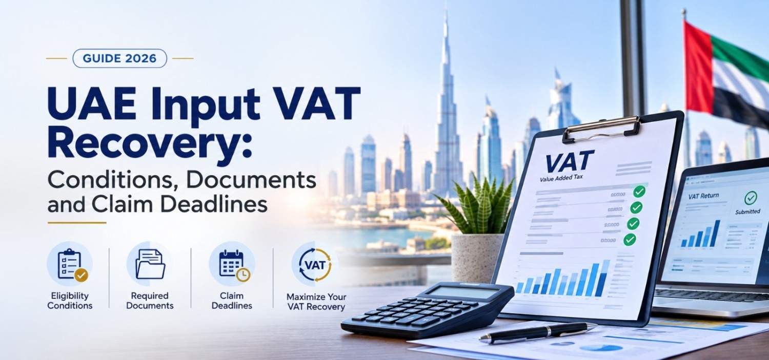 UAE Input VAT recovery guide showing VAT documents, calculator, laptop, and Dubai skyline
