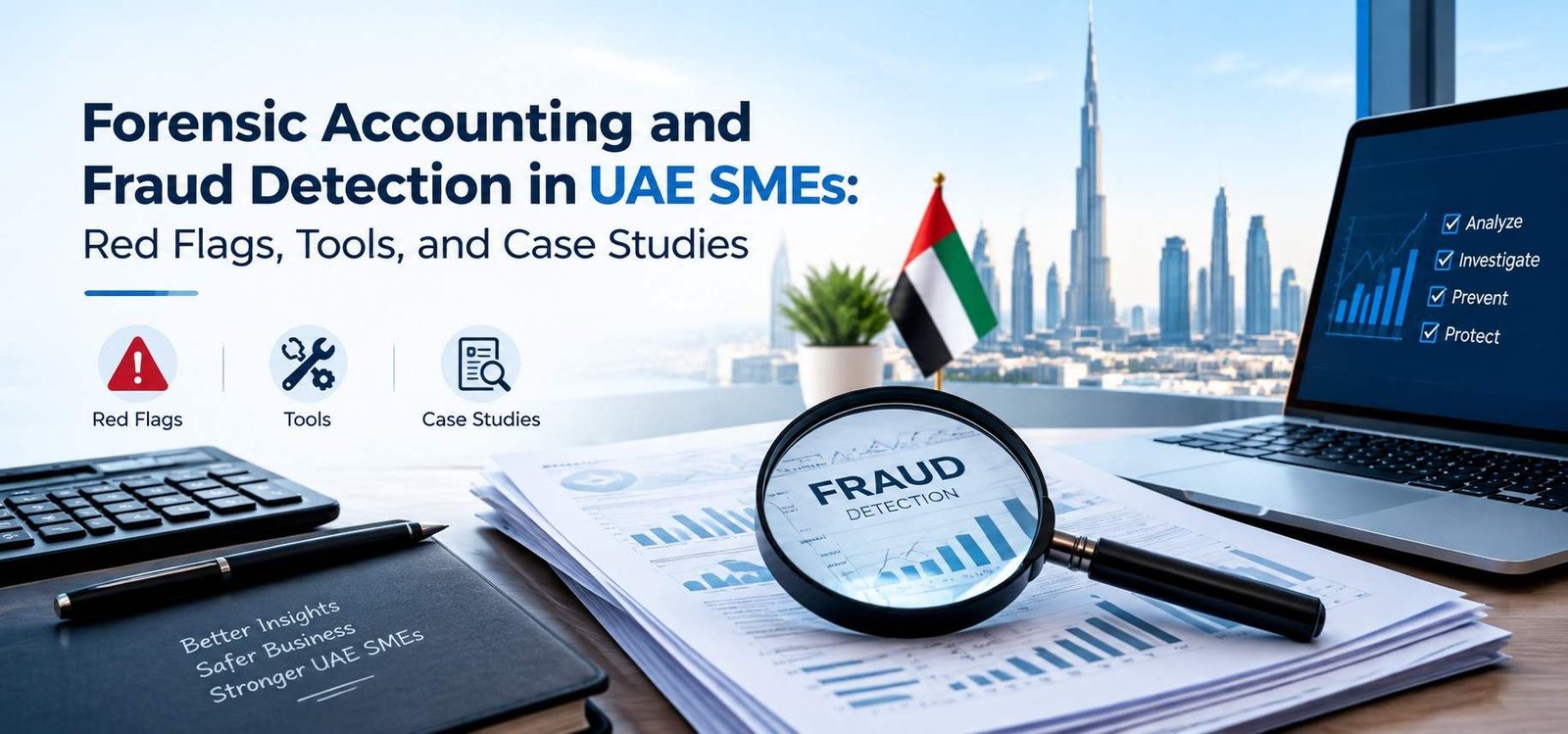 Forensic accounting and fraud detection in UAE SMEs with financial reports and Dubai skyline