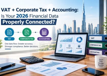 VAT, corporate tax and accounting integration for UAE businesses in 2026, featuring financial reports, tax folders, a calculator and a laptop displaying financial analytics.
