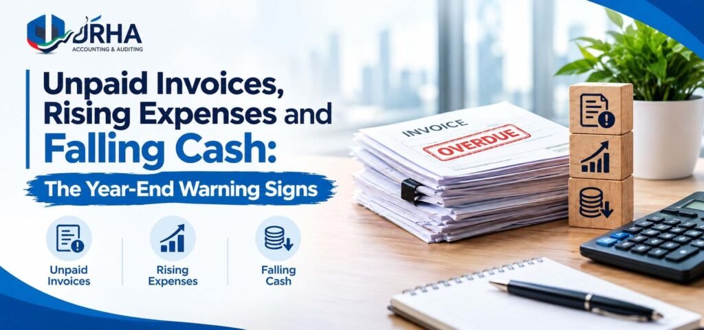 IRHA Accounting & Auditing banner highlighting unpaid invoices, rising expenses, and falling cash as key year-end financial warning signs for businesses.