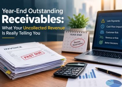 Year-end outstanding receivables with overdue invoices, financial reports, a calculator, and a laptop displaying cash flow risks.