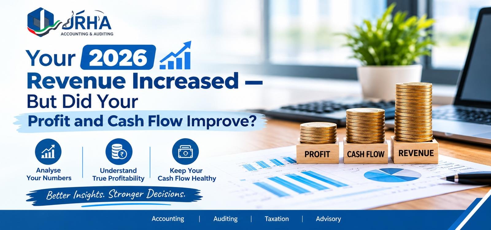 IRHA Accounting & Auditing banner showing 2026 revenue growth, profit, cash flow, and financial performance analysis.
