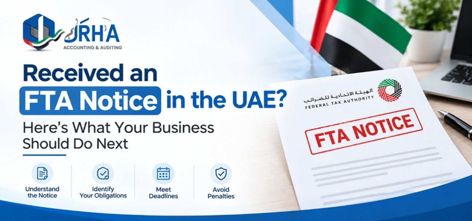 UAE FTA notice banner by IRHA Accounting and Auditing explaining business tax notice response steps and deadlines.