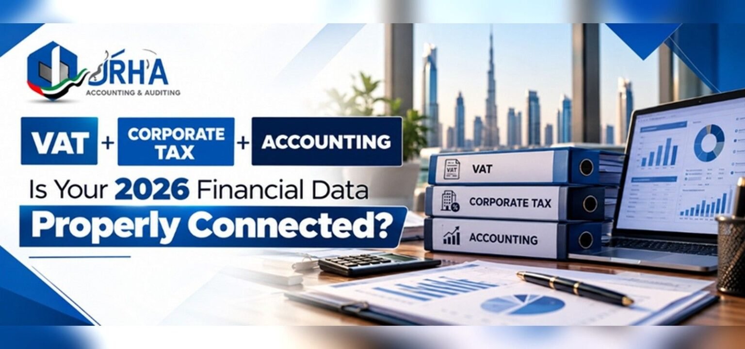 VAT, corporate tax and accounting services banner highlighting connected financial data for UAE businesses in 2026, featuring financial reports, tax folders and an analytics dashboard.