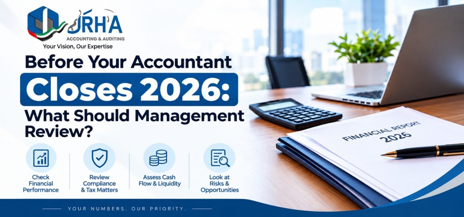 Year-end financial review checklist for 2026 covering financial performance, tax compliance, cash flow, liquidity, risks, and opportunities