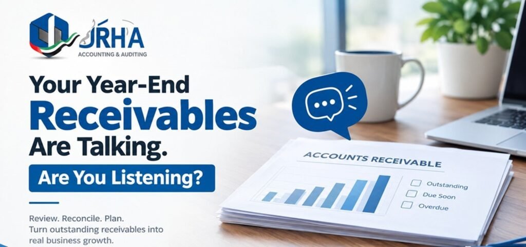 Year-end accounts receivable management featuring a financial report, outstanding payment checklist, and rising bar chart on an office desk.